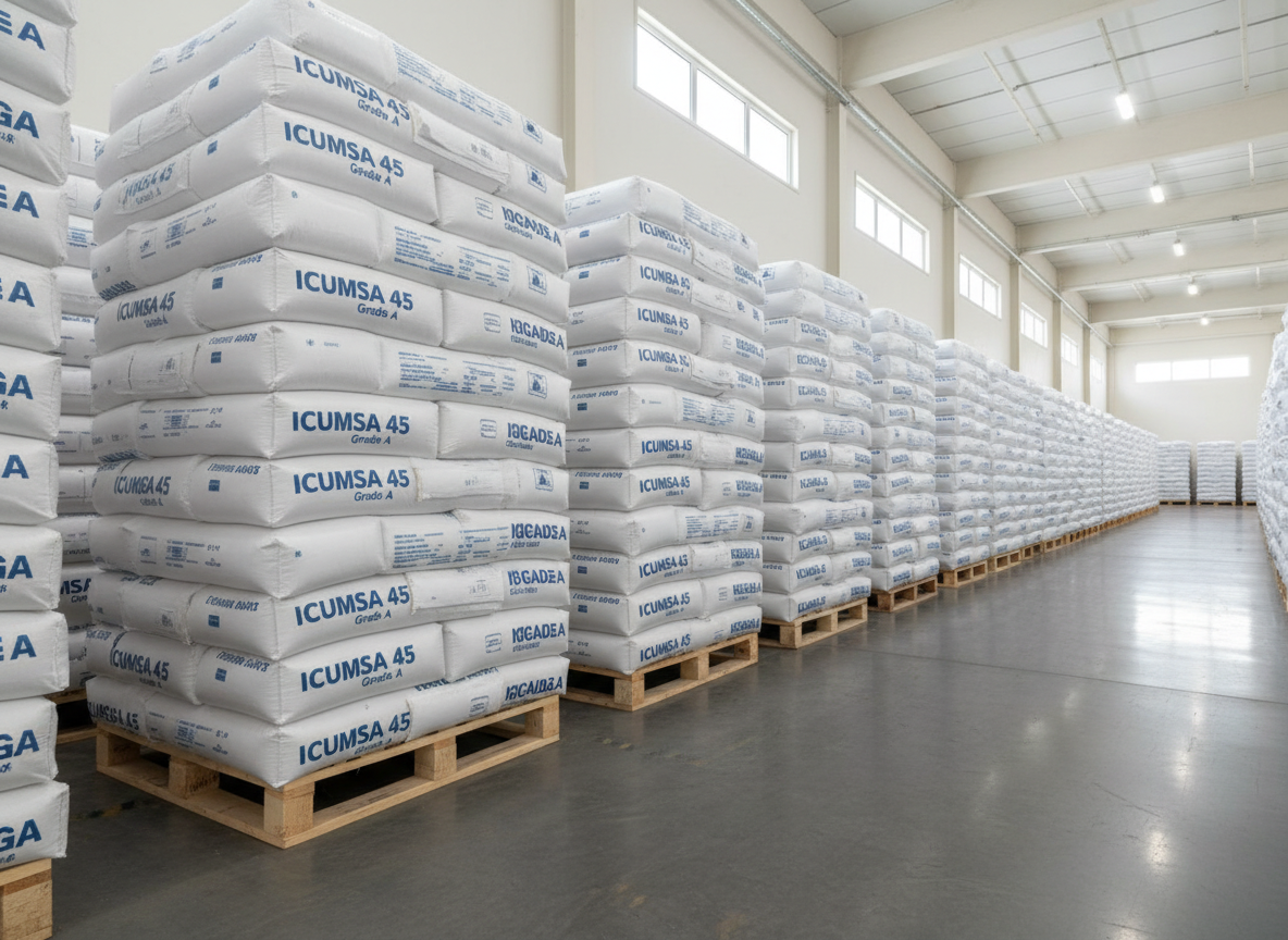 A long row of industrial-grade, white bulk sugar bags clearly marked “ICUMSA 45 Grade A” in simple, bold typography, stacked on pristine wooden pallets in a spacious, well-lit warehouse. The polished concrete floor reflects some of the soft, diffused daylight streaming in from high side windows, mixing with neutral overhead lighting to create an evenly illuminated scene. Shot from a low, three-quarter angle down the aisle between pallet stacks, the composition uses leading lines to draw the eye into the depth of the storage area. Everything appears orderly, with precise stacking and clean labeling. The atmosphere is calm, efficient, and highly organized, conveying reliability, inventory readiness, and professional handling of the product.